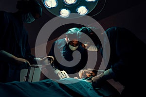 Surgical team performing surgery to patient in sterile operating room.