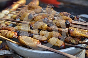 Suri - Amazonian grub that feeds on palm sap, grilled and served as a snack food in Iquitos, Peru