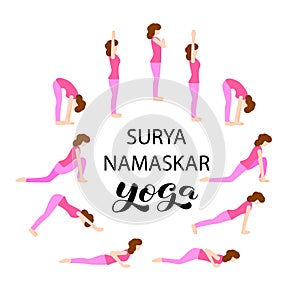 Suria namaskar yoga poster. Woman in pink clothes doing yoga practice vector set