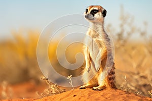 Suricata standing on a guard. Curious meerkat