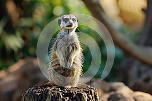 Suricata standing on a guard. Curious meerkat