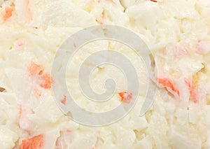 Surimi imitation crab meat with mayonnaise close view