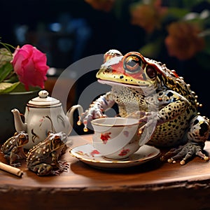 a surinam toad having a tea party with miniature cups  photo