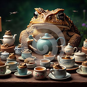 A Surinam toad having a tea party with miniature cups, photore photo