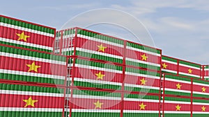 Suriname flag containers are located at the container terminal. Concept for Suriname import and export 3D