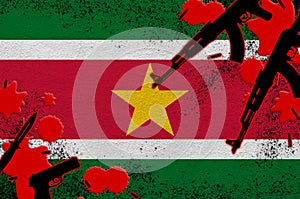 Suriname flag and guns in red blood. Concept for terror attack and military operations