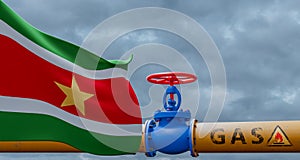 Suriname gas, valve on the main gas pipeline Suriname, Pipeline with flag Suriname, Pipes of gas from Suriname, 3D work and 3D