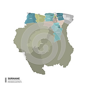 Suriname higt detailed map with subdivisions. Administrative map of Suriname with districts and cities name, colored by states and