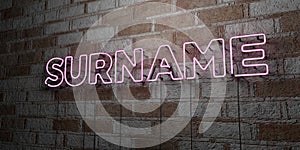 SURNAME - Glowing Neon Sign on stonework wall - 3D rendered royalty free stock illustration