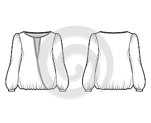 Surplice blouse technical fashion illustration with bouffant long sleeves, gathered hem, wide wrap scoop neck, oversized photo