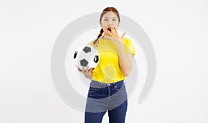 Surpried Asian Girl football fan isolated white background holding a soccer ball, sport concept