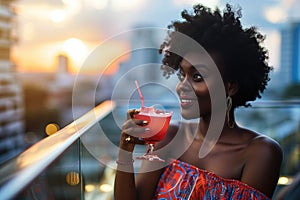 Surprise African Yearold Woman Sipping A Cosmopolitan On City Background photo