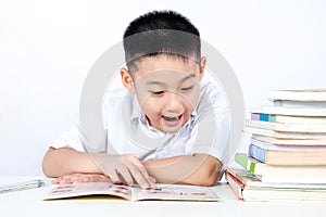 Surprise Asian Chinese Little Boy Wearing Student Uniform Reading Textbook