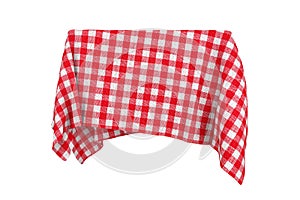 Surprise, Award or Prize Concept. Hidden Object Covered with Red Checkered Tablecloth Texture Fabric. 3d Rendering