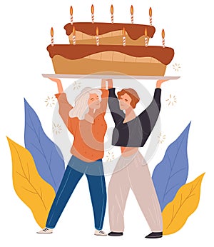 Surprise birthday party, women holding cake vector