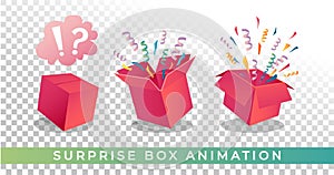 Surprise box animation vector illustration. Vector red box with confetti and ribbons. Festive surprise box for ui, web, print photo