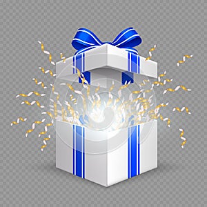 Surprise box. Opening gift box with blue silk ribbon bow. Vector Christmas, Birthday, anniversary present isolated on