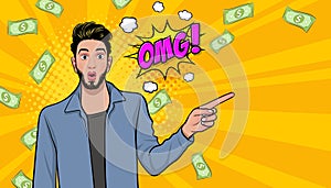 Surprise business man successful and shocking with Falling Money Pop art retro comic style