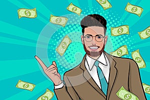 Surprise business man successful and shocking with Falling Money Pop art retro comic style