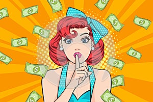 surprise business woman successful and shocking with Falling Money say WOW OMG Pop art retro comic