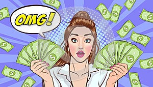 surprise business woman successful and shocking with Falling Money say WOW OMG Pop art retro comic