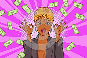 Surprise business woman successful and shocking with Falling Money say WOW OMG Pop art retro comic style