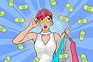 Surprise business woman successful and shocking with Falling Money say WOW OMG Pop art retro comic style