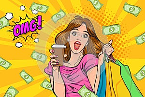 Surprise business woman successful and shocking with Falling Money say WOW OMG Pop art retro comic style