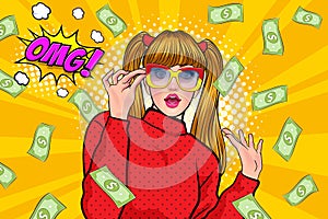 Surprise business woman successful and shocking with Falling Money say WOW OMG Pop art retro comic style