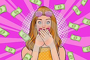 Surprise business woman successful and shocking with Falling Money say WOW OMG Pop art retro comic style