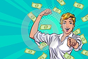 Surprise business woman successful and shocking with Falling Money say WOW OMG Pop art retro comic style