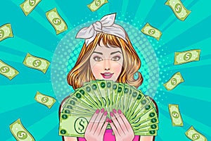 Surprise business woman successful and shocking with Falling Money say WOW OMG Pop art retro comic style