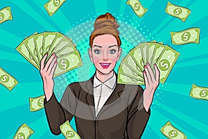 Surprise business woman successful shocking with Falling Money say WOW OMG Pop art retro comic style
