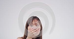 Surprise, face and asian woman shocked with news, announcement or promotion mockup. Wow, emoji and person hearing a