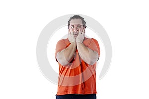 Surprise. Funny fat man. White background. Isolated