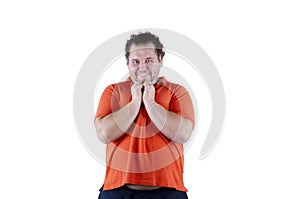 Surprise. Funny fat man. White background. Isolated