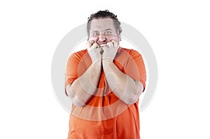 Surprise. Funny fat man. White background. Isolated