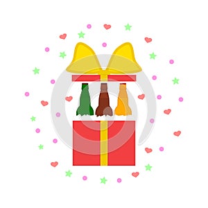 Surprise gift box with beer bottles, ice cubes, stars and hearts. Design template. Vector flat illustration.