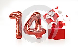 Surprise gift box with red hearts and 14, open gift box for valentines day design, 3D rendering