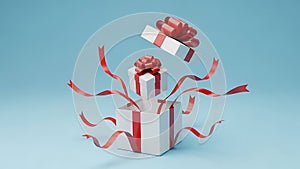 Surprise gift boxes exploding with red ribbons