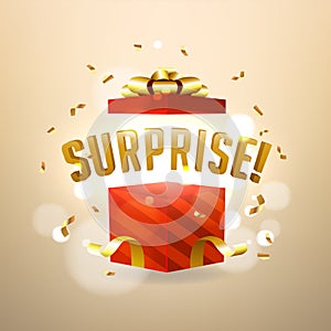 Surprise inside open red gift box. Birthday surprise and Christmas present concept.