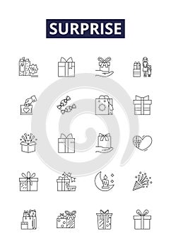 Surprise line vector icons and signs. Astonish, Amaze, Shock, Startle, Unforeseen, Stun, Marvel, Astound outline vector