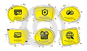 Surprise, Medical tablet and Change card icons set. Report statistics, Medical shield and Internet signs. Vector
