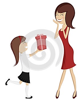 Surprise Mom (colorful and detailed art with a brunette daughter and a mother in red)!