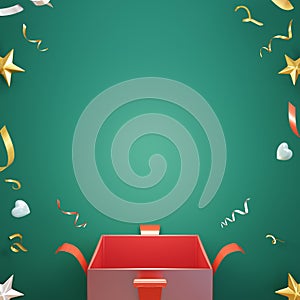 Surprise open gift box on green background, Merry Christmas and Happy New Year