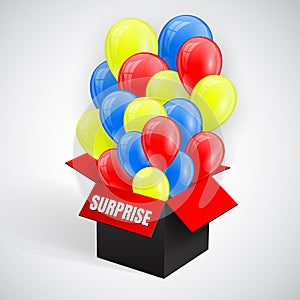 Surprise Poster with Balloons Bunch flying from open red box. Vector illustration