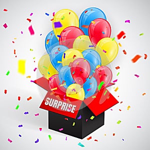 Surprise Poster with confetti and Balloons Bunch flying from open red box. Vector illustration