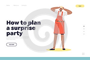 Surprise reaction concept of landing page with shocked hipster man with hands on head