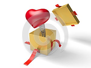 Surprise. The red heart jumps out of a golden gift box on a spring.