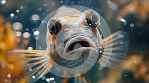 Surprise, shock, a very surprised fish bulged its eyes and blew bubbles, funny photo with animals photo